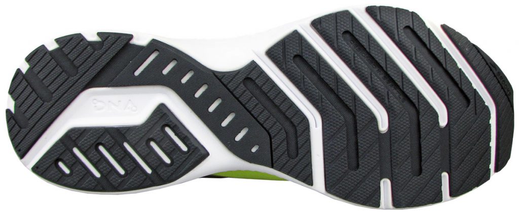 The rubber outsole of the Brooks Launch 8.