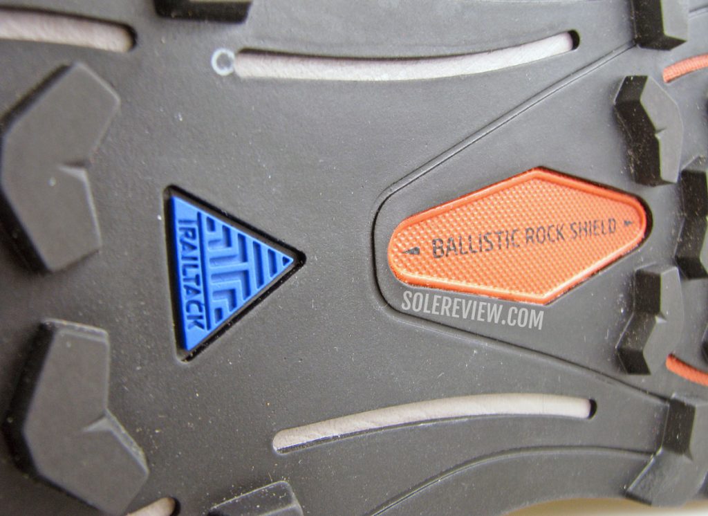 The ballistic Rockshield and Trailtack outsole of the Brooks Cascadia 16.
