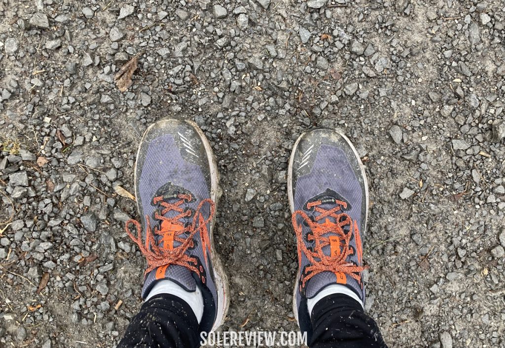 The Brooks Cascadia 16 Gore-Tex on a gravel trail.