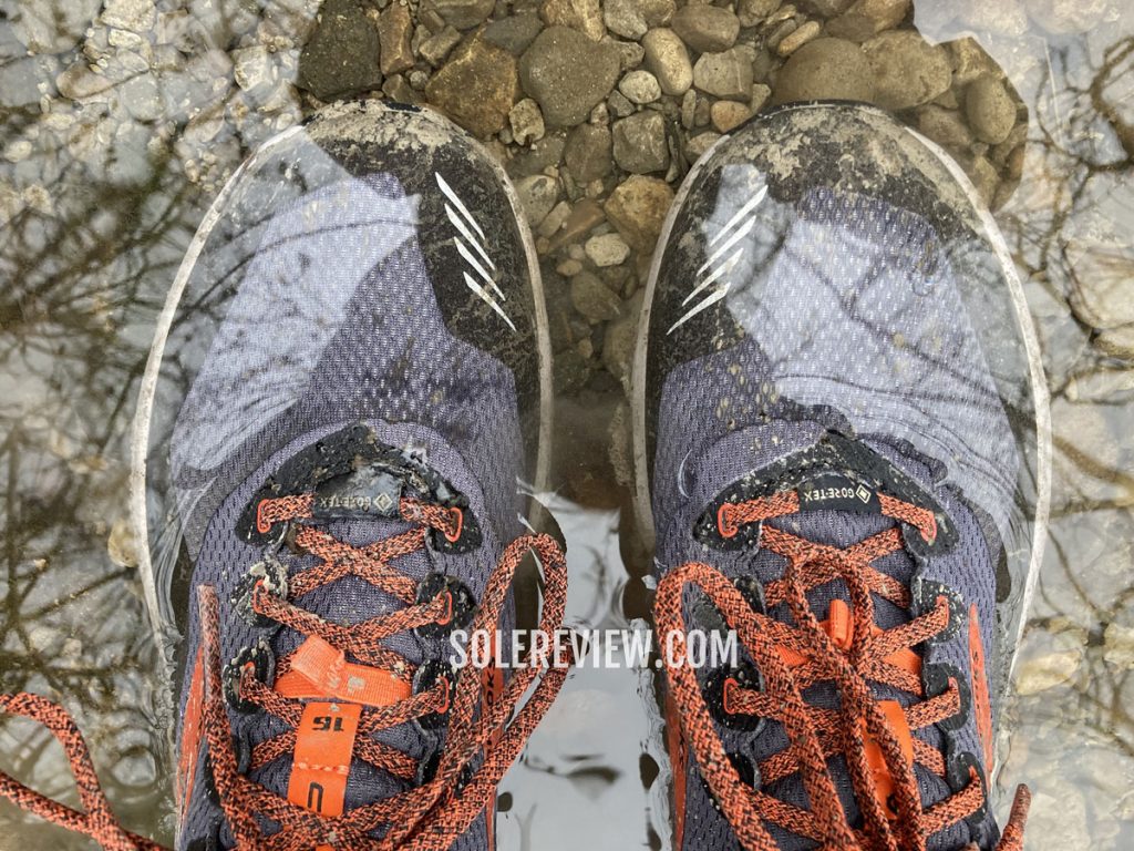 The Brooks Cascadia 16 Gore-Tex submerged in water.