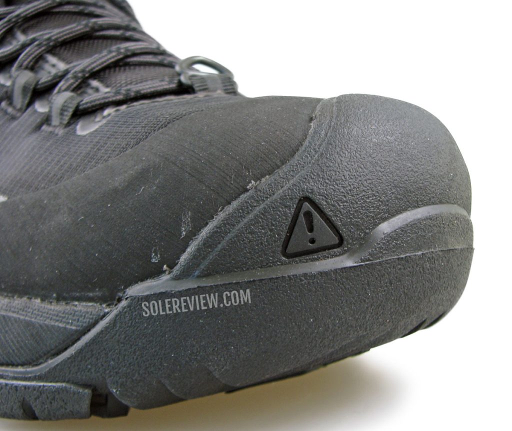 The rubber toe bumper of the Keen Revel IV EXP Polar Mid boot.
