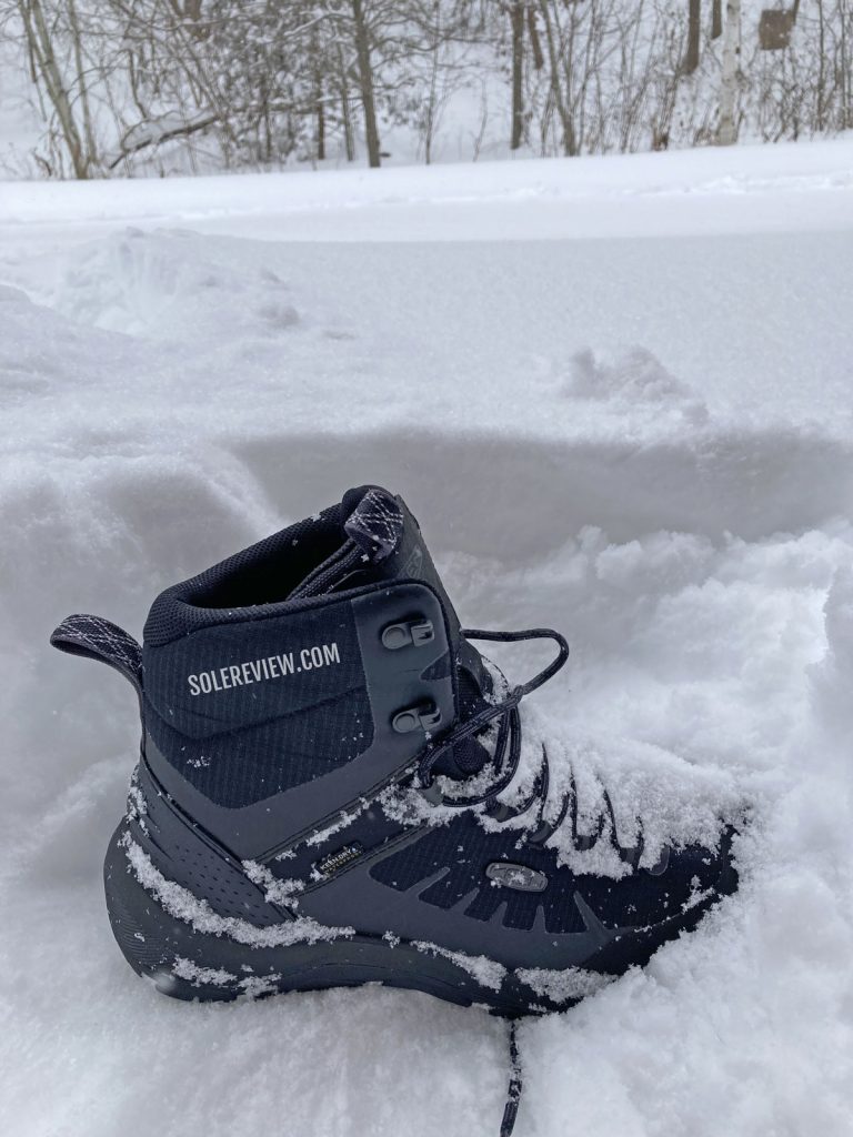 The Keen Revel IV EXP Polar Mid boot in the snow.