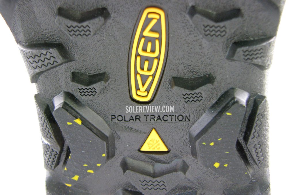 The Polar traction outsole of the Keen Revel IV EXP Polar Mid boot.
