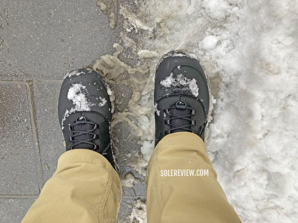 The Merrell Thermo Overlook 2 boot on slush.