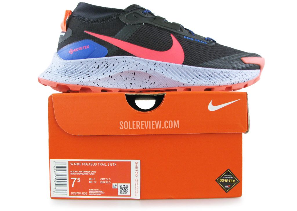 The Nike Pegasus Trail 3 on its box.