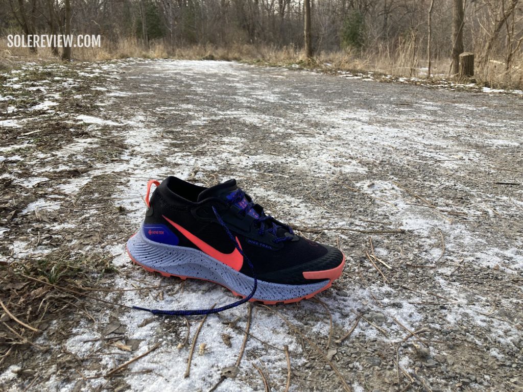 The Nike Pegasus Trail 3 on gravel trails.