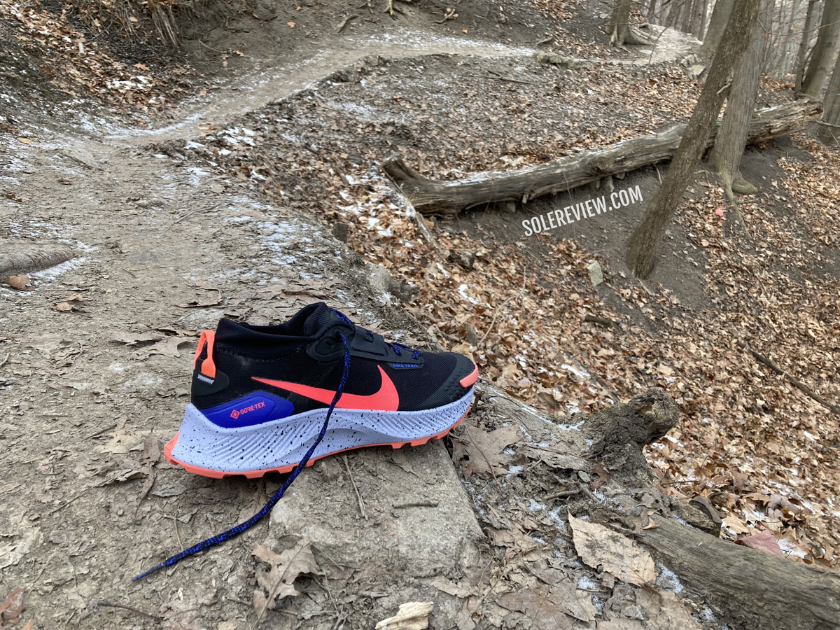 The Nike Pegasus Trail 3 on narrow trails.