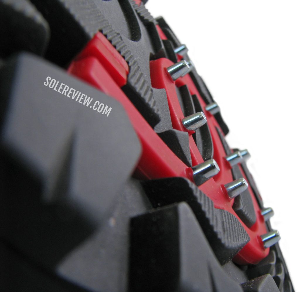 The forefoot spikes of the Pajar ice gripper boot.