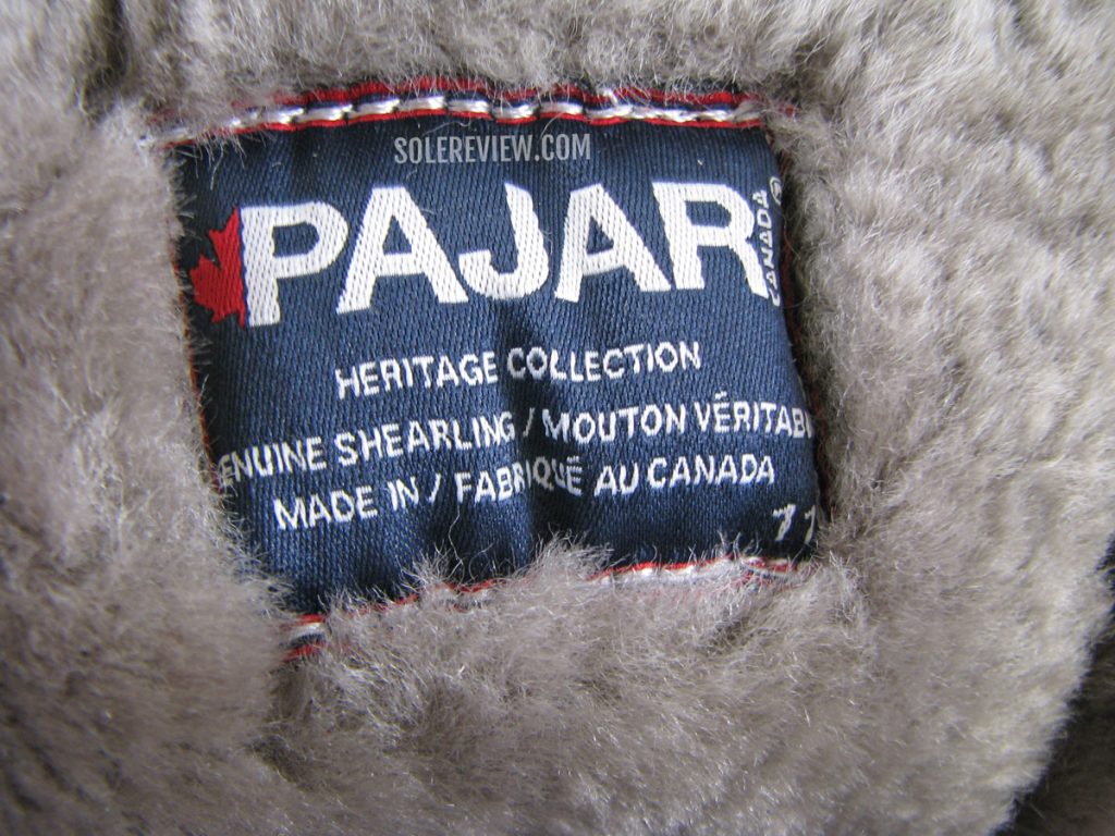 The tongue label of the Pajar Carson boot.