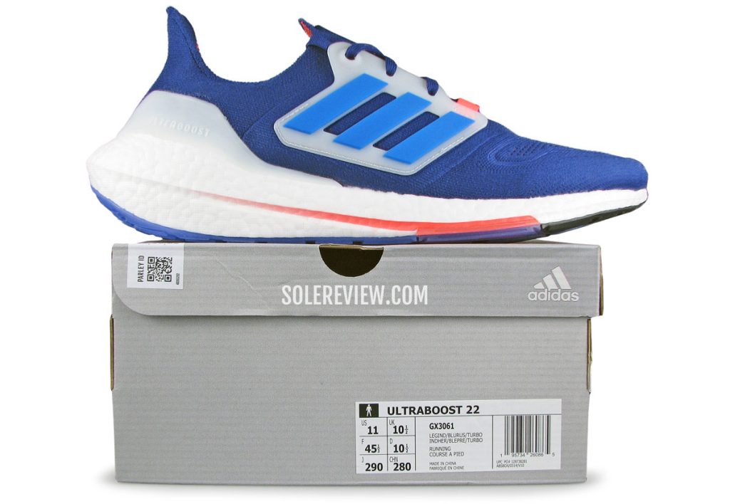 The adidas Ultraboost 22 on a box.