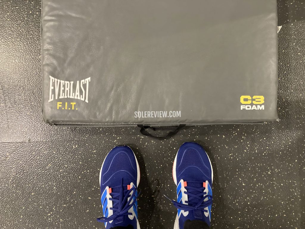 The adidas Ultraboost 22 inside a gym.