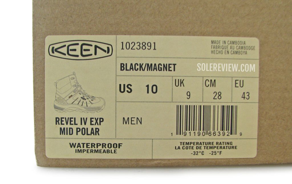 The sizing label of the Keen Revel IV EXP Polar Mid boot.