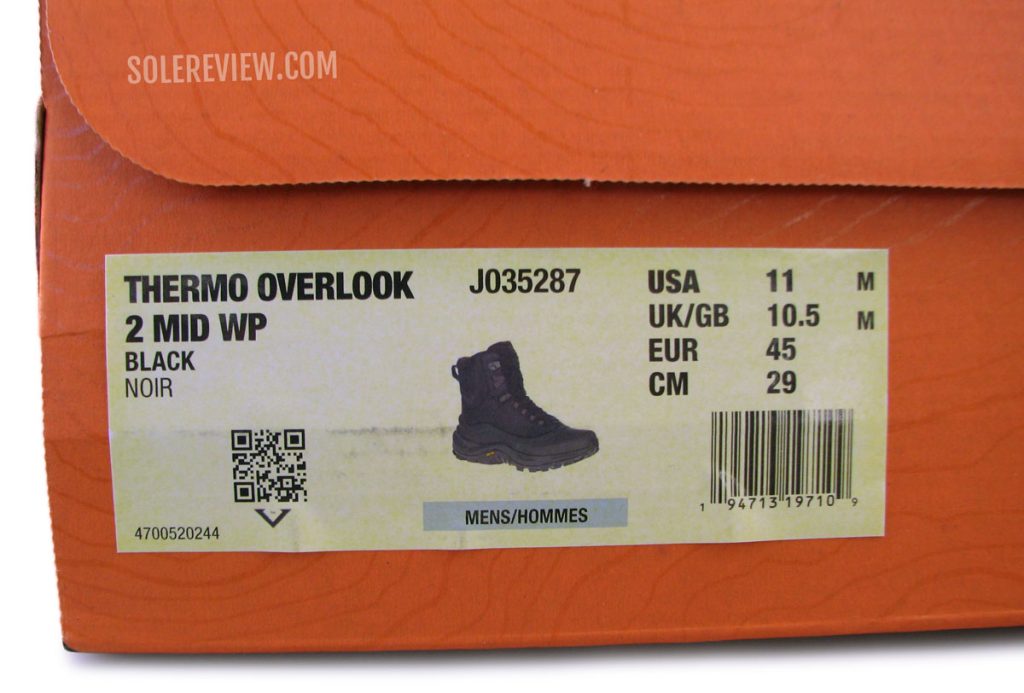 The outer box of the Merrell Thermo Overlook 2 Mid.