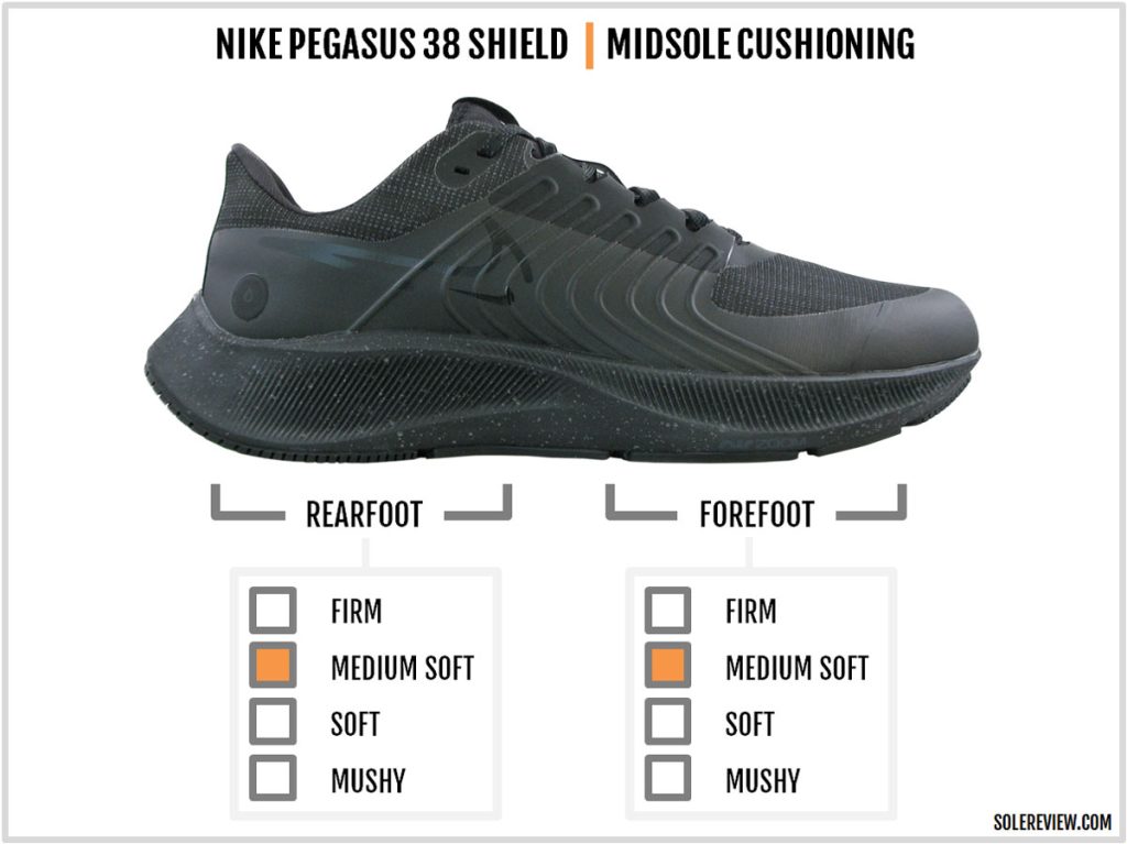 The cushioning softness of the Nike Pegasus 38 Shield.
