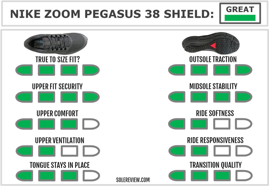 The overall score of the Nike Pegasus 38 Shield.