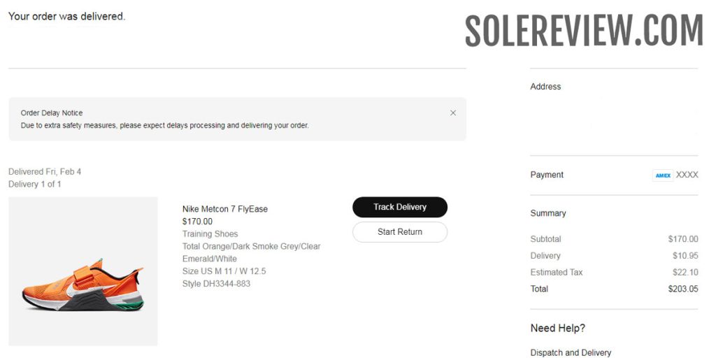 The invoice for the Nike Metcon 7 Flyease.