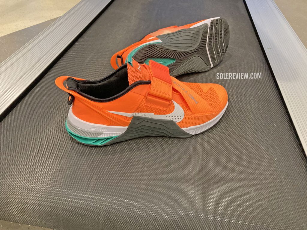 The Nike Metcon 7 Flyease on a treadmill.