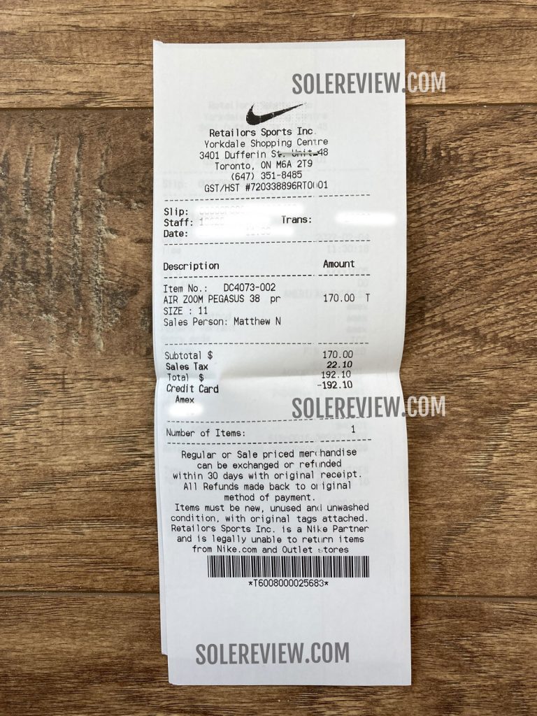 The invoice for the Nike Pegasus 38 Shield.
