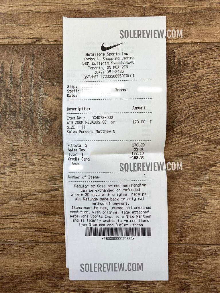 The invoice for the Nike Pegasus 38 Shield.