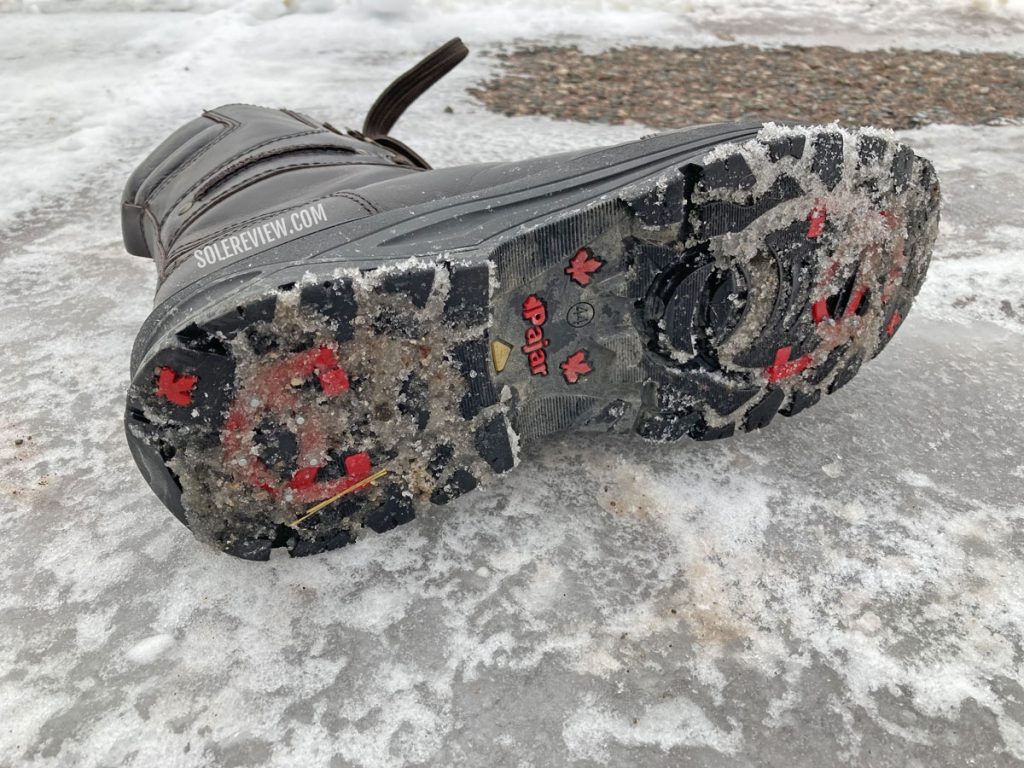 The Pajar Carson outsole clogged with slush.