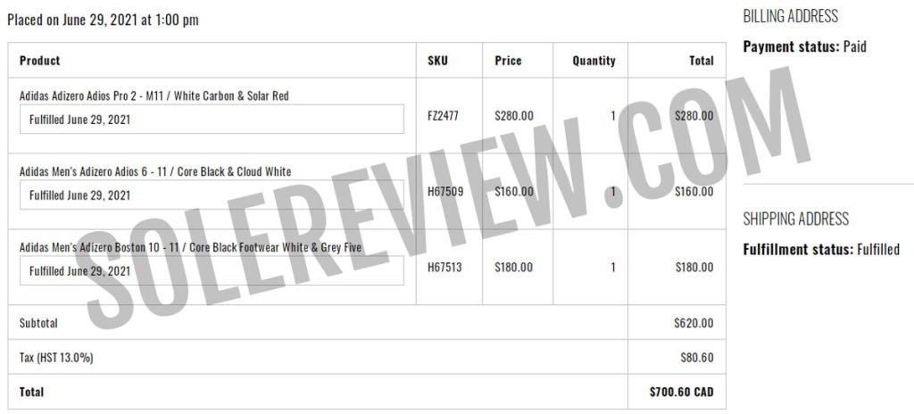 The invoice for adidas adios 6, Boston 10, and adios Pro.