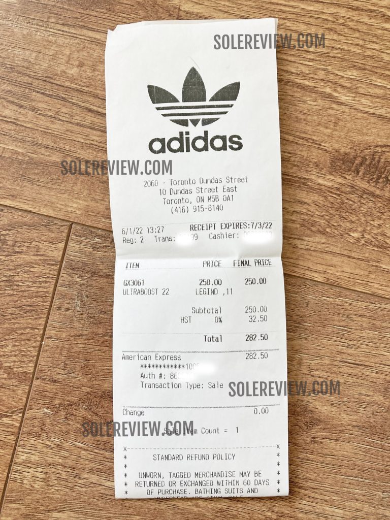 The invoice for the adidas Ultraboost 22.