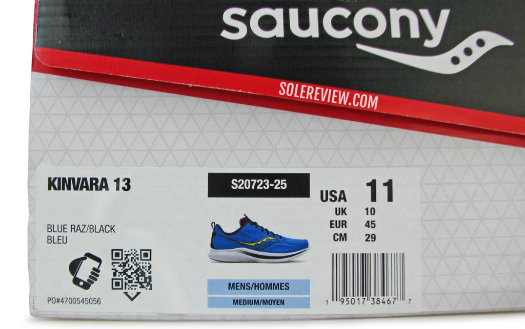 The box label of the Saucony Kinvara 13.