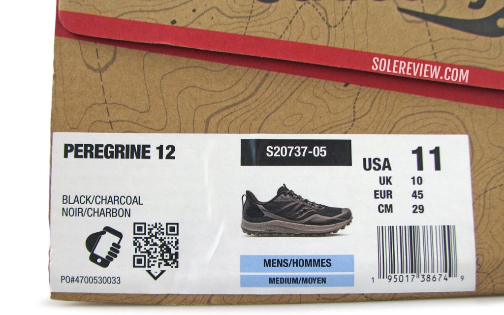 The sizing label of the Saucony Peregrine 12.