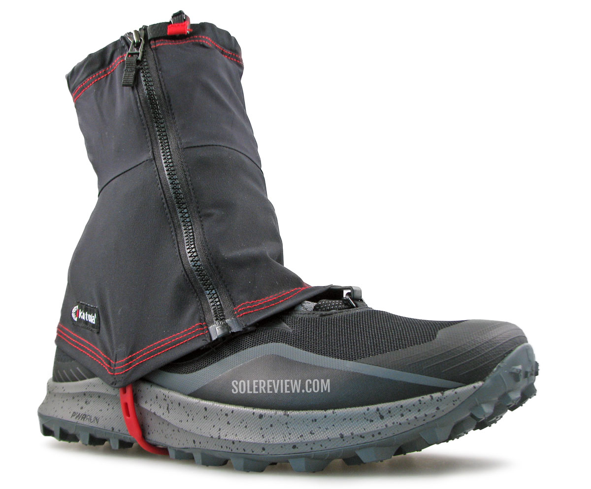 The Saucony Peregrine 12 with a gaiter attachment.