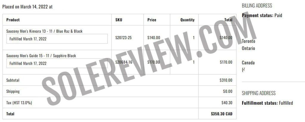 Proof of purchase for the Saucony Kinvara 13 and Saucony Guide 15.