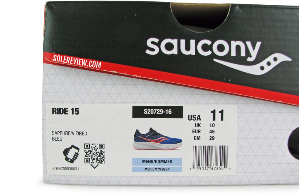 The box label of the Saucony Ride 15.