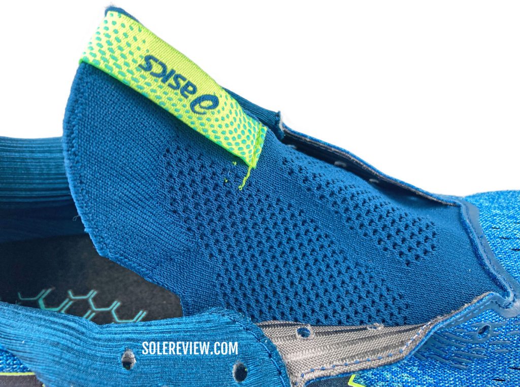 The stretchy knit tongue of the Asics Gel Nimbus 24.