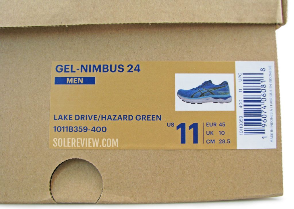 The outer box of the Asics Gel Nimbus 24.