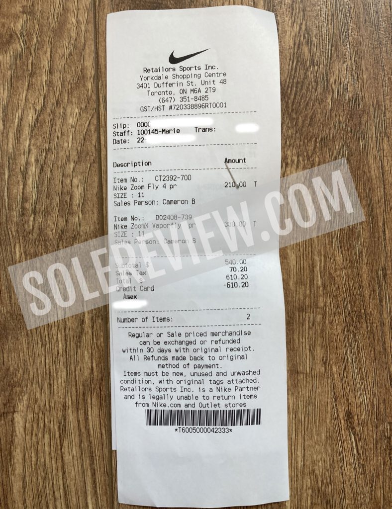 Proof of purchase for Nike Vaporfly Next% 2 and Nike Zoom Fly 4.