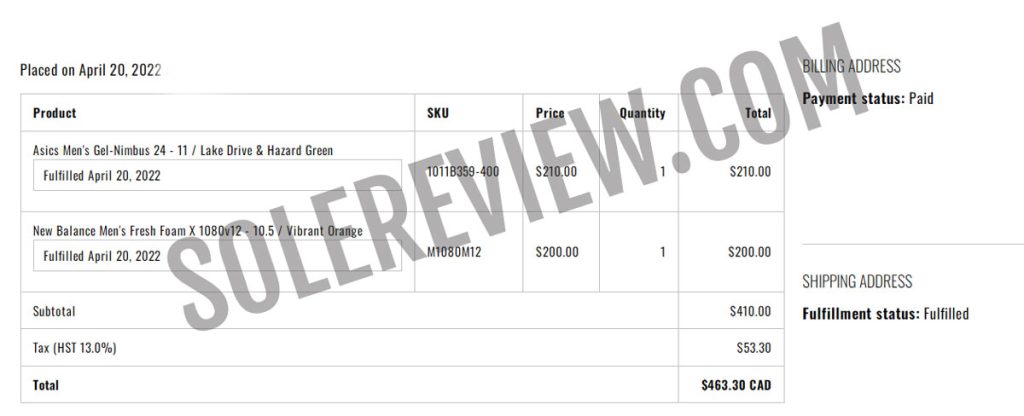 Proof of purchase for Asics Nimbus 14 and New Balance 1080V12.