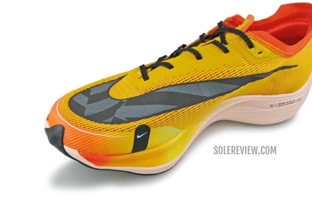 The large Swoosh logo of the Nike Vaporfly Next% 2.