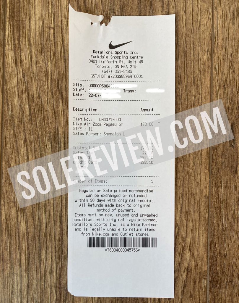 Proof of purchase for the Nike Pegasus 39.