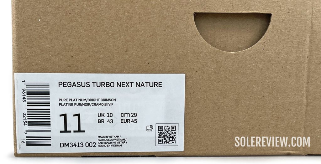 The box label of Nike Pegasus Turbo Next Nature.