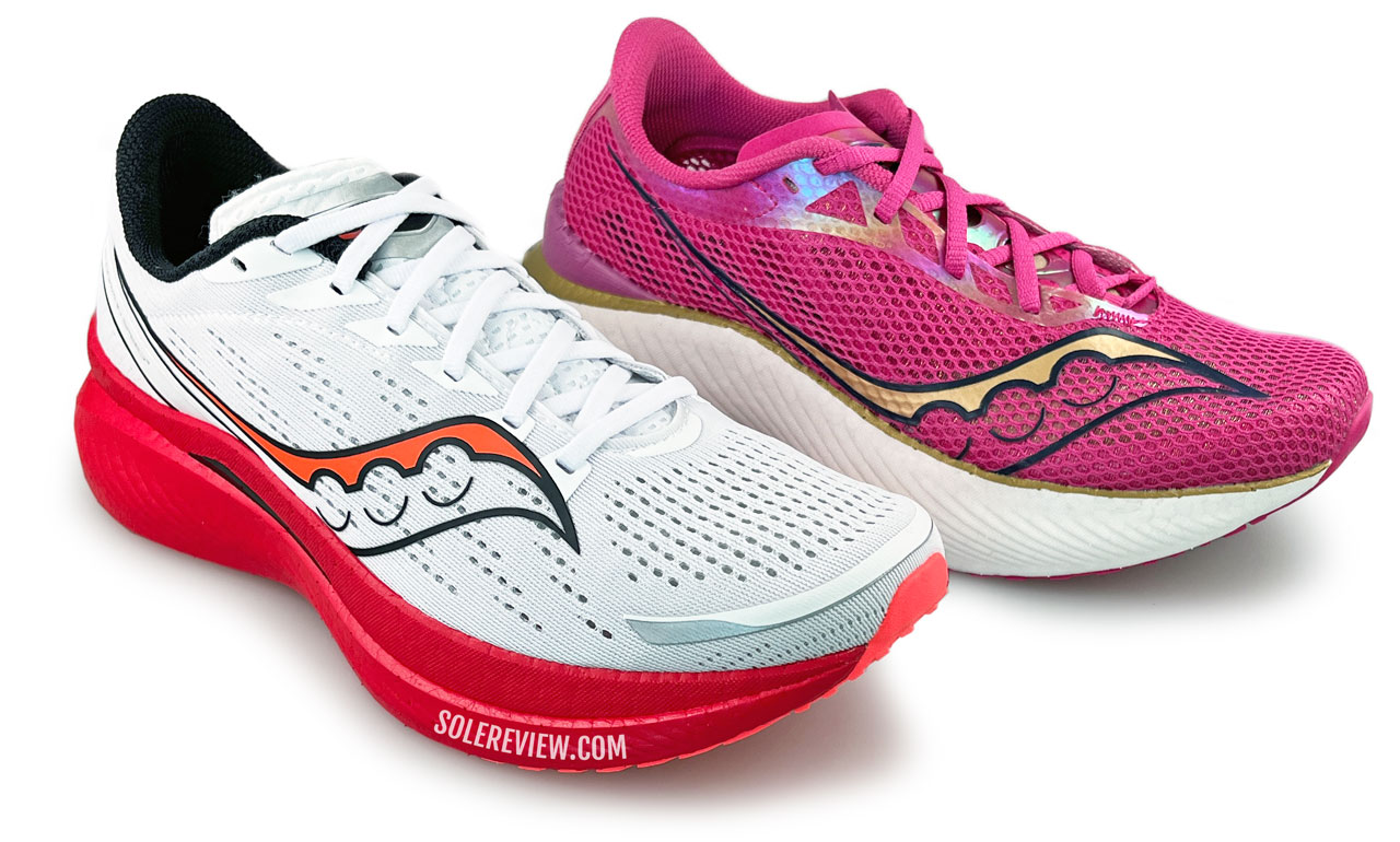 The Saucony Endorphin Speed 3 compared with Endorphin Pro 3.