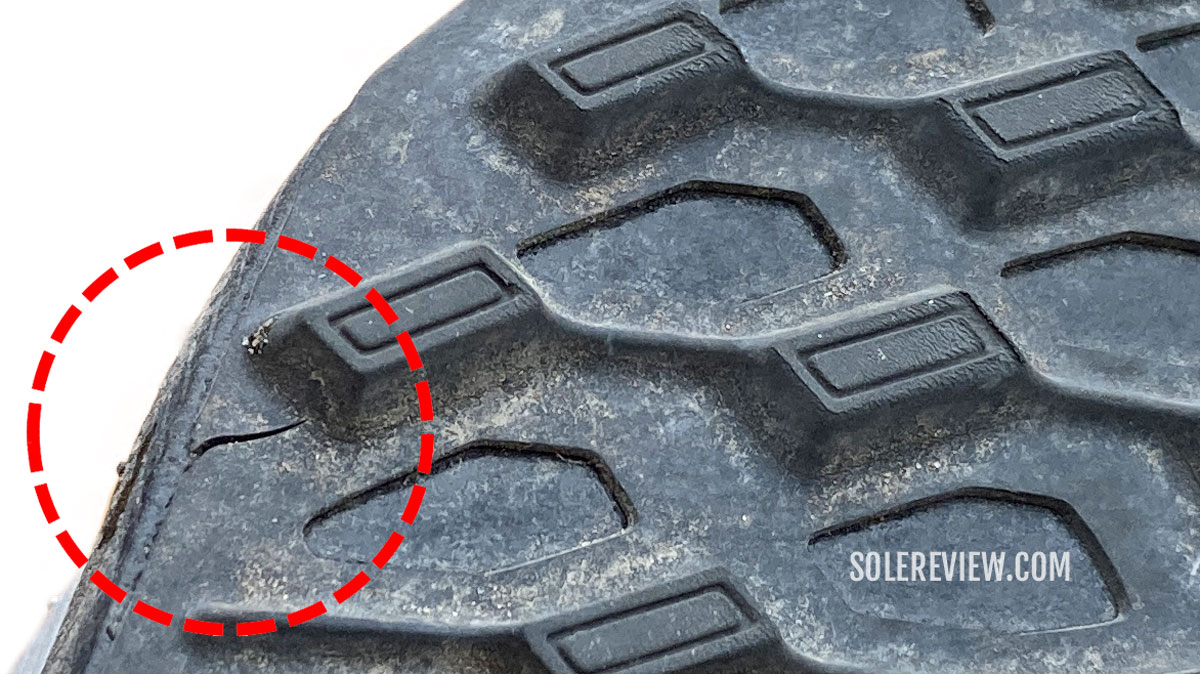The damaged outsole of the Nike Pegasus Trail 4.