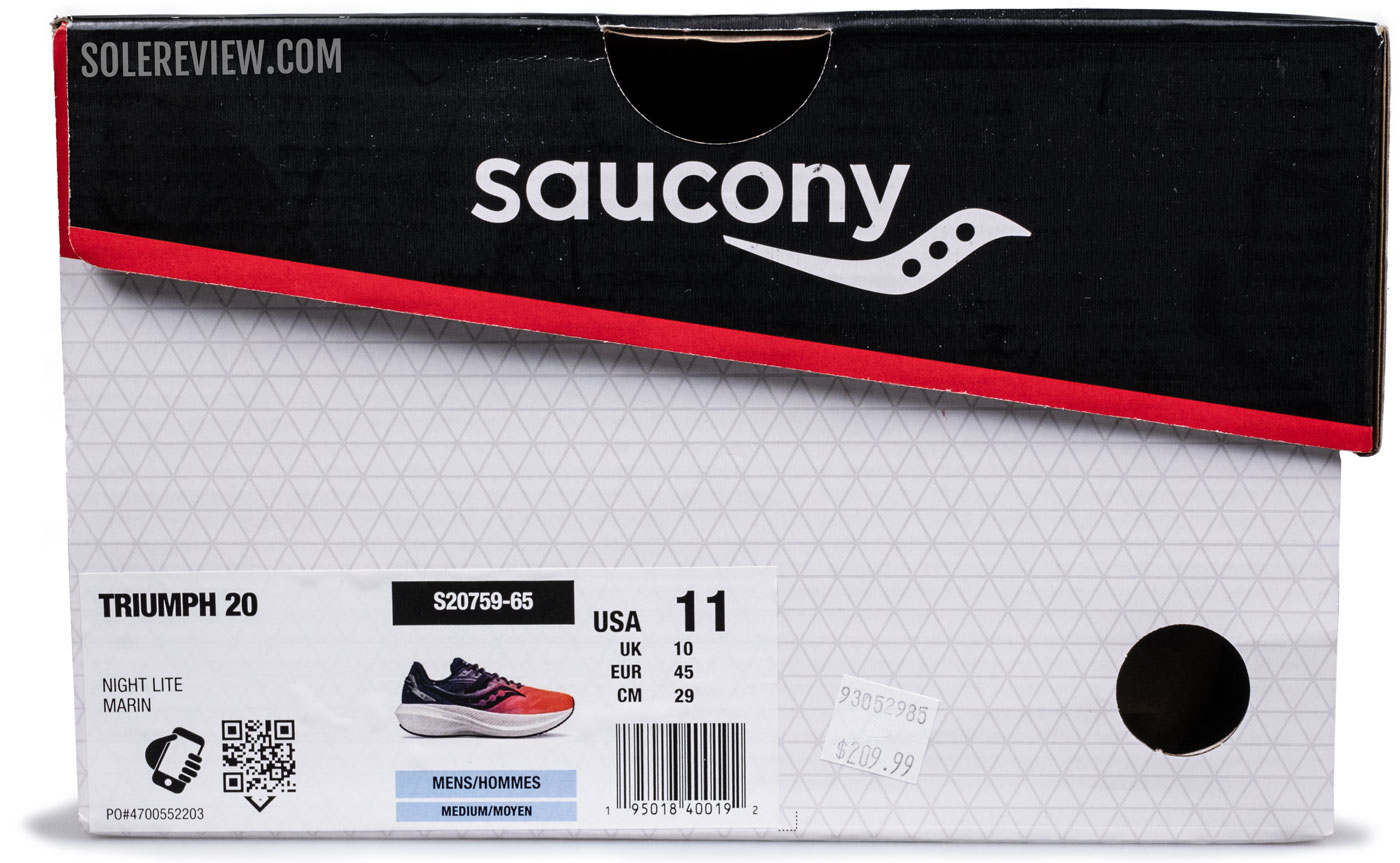 The box label of the Saucony Triumph 20.