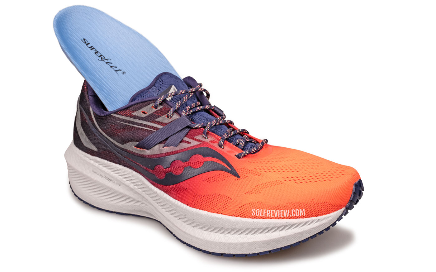 The Saucony Triumph 20 with Superfeet blue insole.