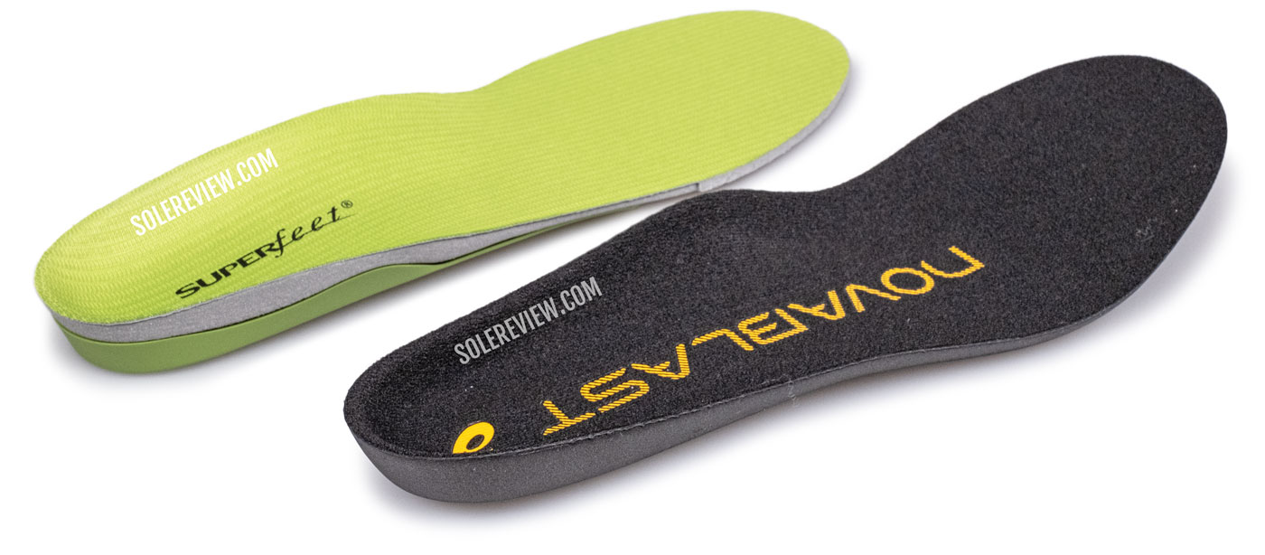 The Asics Novablast 3 insole compared with Superfeet Green insole.