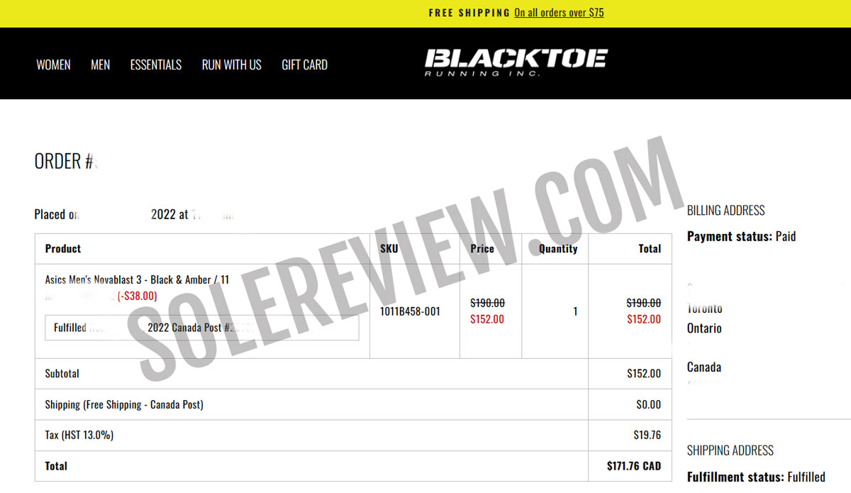 Proof of purchase for the Asics Novablast 3.