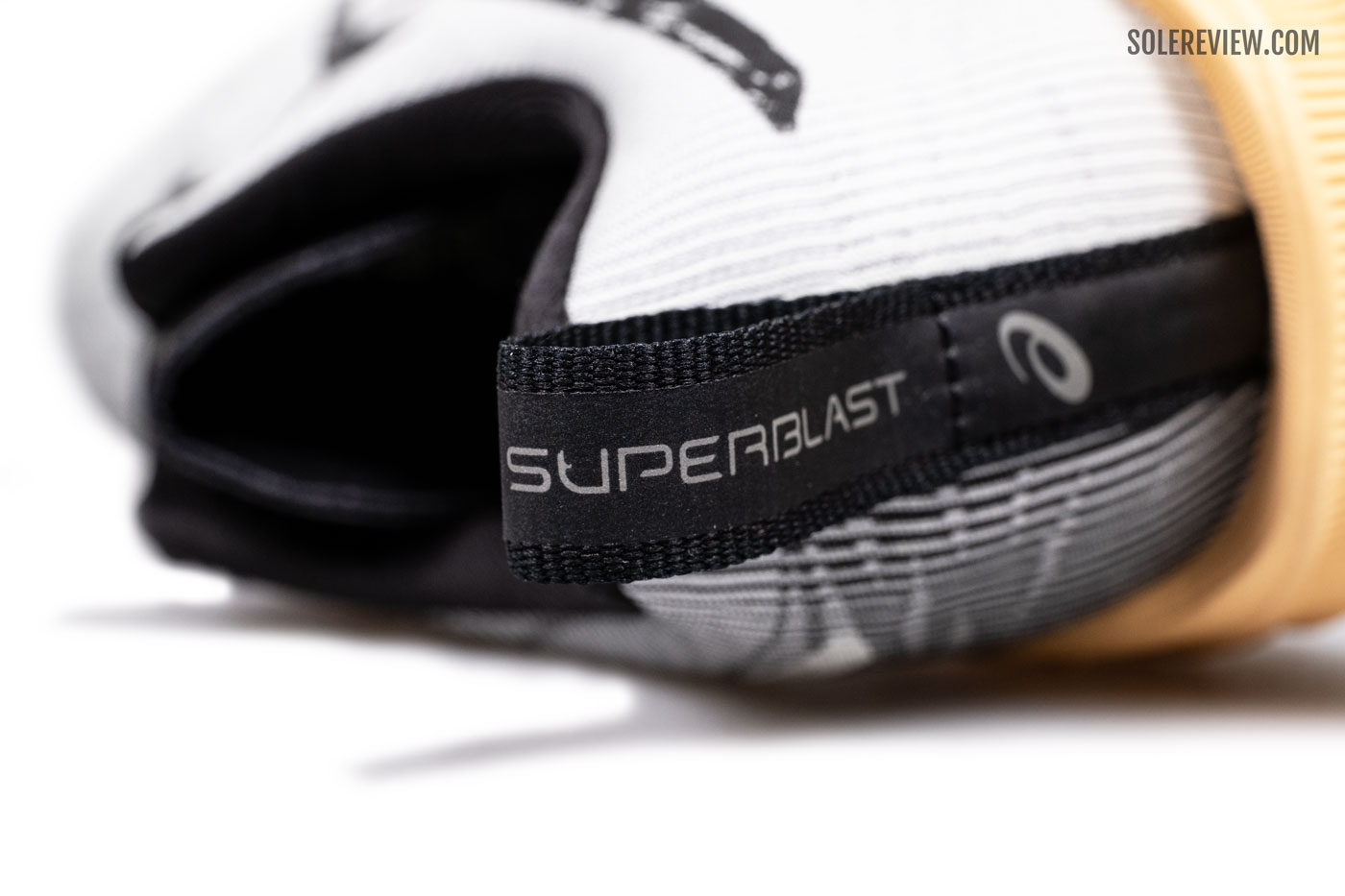 The heel pull tab of the Asics Superblast.