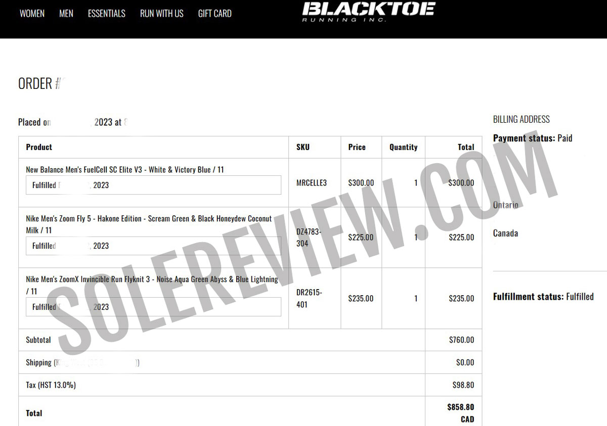 The proof of purchase for the New Balance SC Elite 3.