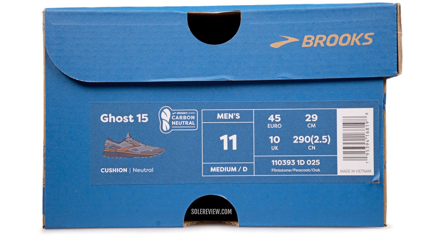 The outer box of the Brooks Ghost 15.
