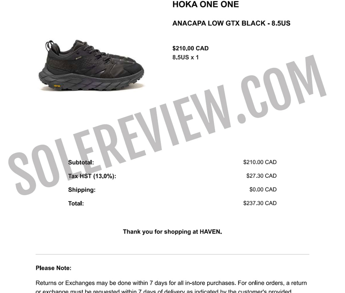 Proof of purchase for the Hoka Anacapa Low GTX.