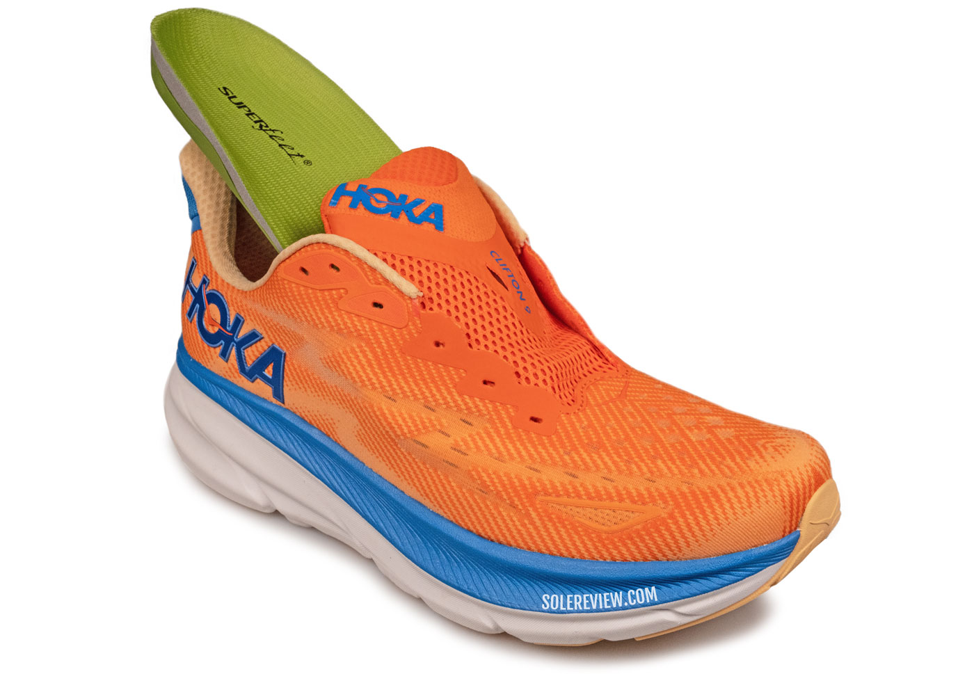 The Hoka Clifton 9 with a Superfeet Green insole.