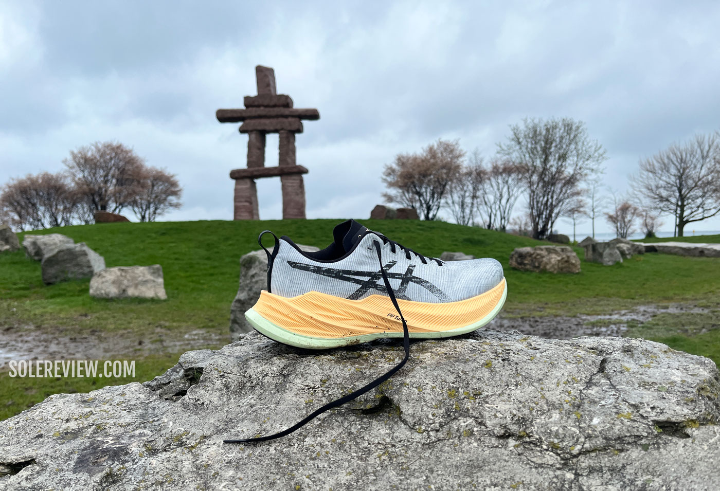 The Asics Superblast in the outdoors.